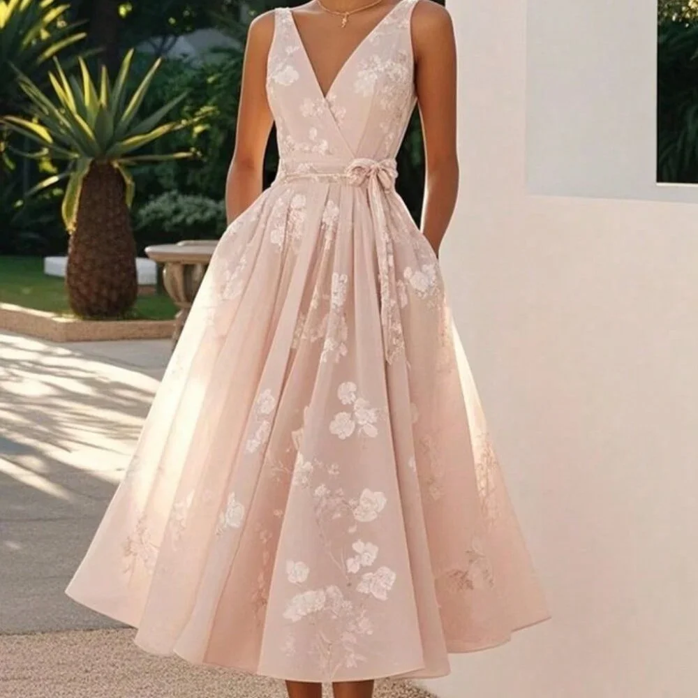 Light Pink Elegant Women's Banquet Evening Sleeveless V-Neck Dress - Picture 1 of 4